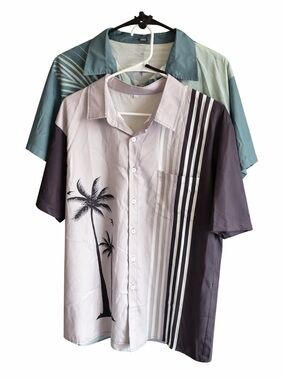 Casual Short-Sleeve Button-Down Shirt - Palm Print, Gray and Teal